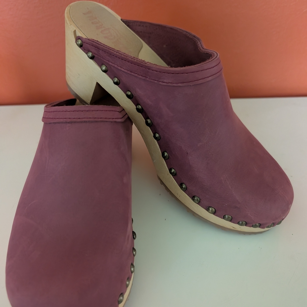Burgundy Suede Clogs with Wooden Heel